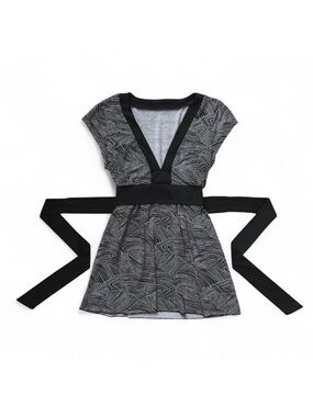 Y2K 2000s Black & White V-Neck Babydoll Top with Waist Tie
